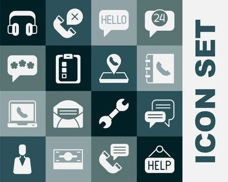 Set Signboard with text Help, Speech bubble chat, Phone book, Hello in differ Stock Illustration