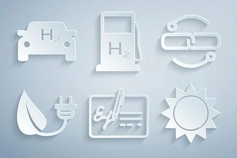 Set Signed document, Chain link line, Electric saving plug leaf, Sun, Hydrogen Stock Illustration