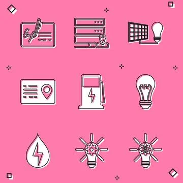 Set Signed document, Customer care server, Solar energy panel and light bulb Stock Illustration