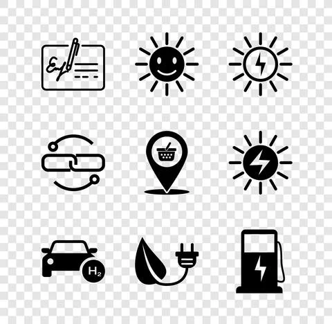 Set Signed document, Cute sun with smile, Solar energy panel, Hydrogen car Stock Illustration