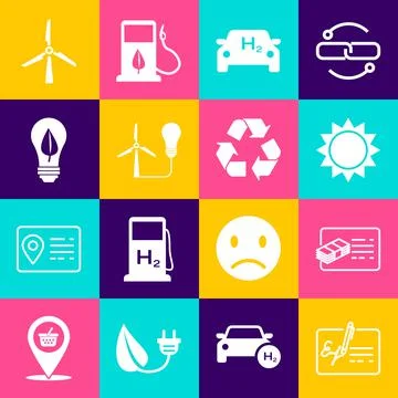 Set Signed document, Financial, Sun, Hydrogen car, Light bulb with wind turbine Stock Illustration