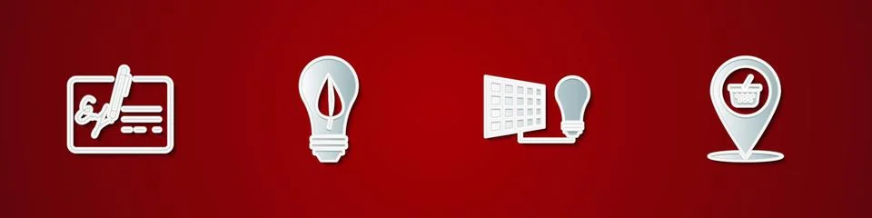 Set Signed document, Light bulb with leaf, Solar energy panel and light and Stock Illustration