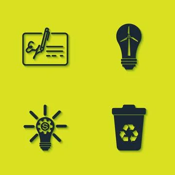 Set Signed document, Recycle bin with recycle, Light bulb gear and wind turbine Stock Illustration