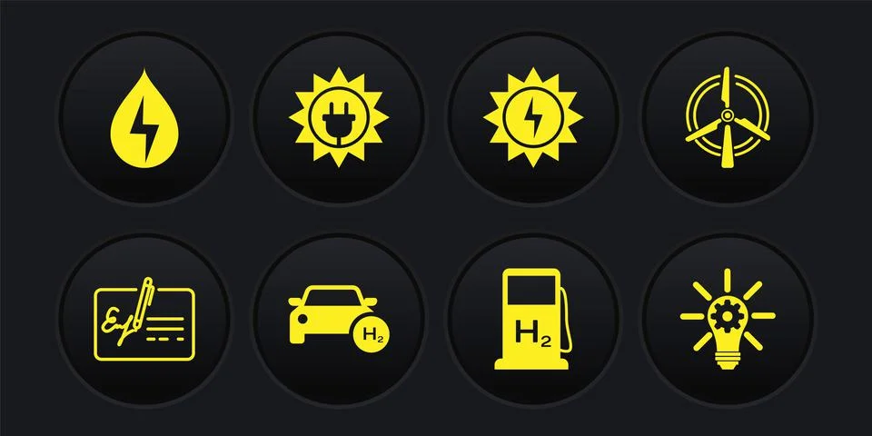 Set Signed document, Rotating wind turbine, Hydrogen car, filling station, Solar Stock Illustration