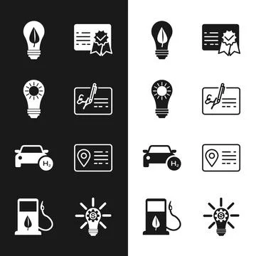 Set Signed document, Solar energy panel, Light bulb with leaf, Certificate Stock Illustration