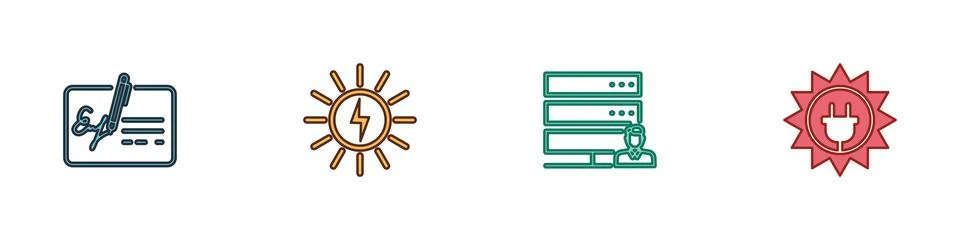 Set Signed document, Solar energy panel, Customer care server and  icon. Vect Stock Illustration