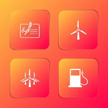Set Signed document, Wind turbine, turbines and Petrol or Gas station icon Stock Illustration