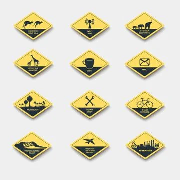 Set of signs of attention, caution and danger. road signs yellow rhombus Stock Illustration