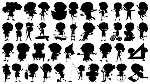 Set of sihouette isolated objects theme - kids in action Stockillustratie