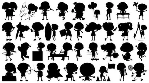 Set of sihouette isolated objects theme - kids in actions Stock Illustration