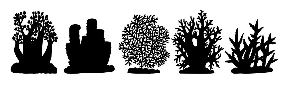 Set silhouette corals different forms. Vector icons coralline reef ocean animals Stock Illustration