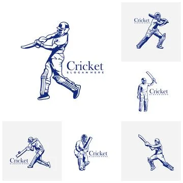 Set of Silhouette of Cricket Player Vector Template, Cricket Player Design .. Stock Illustration