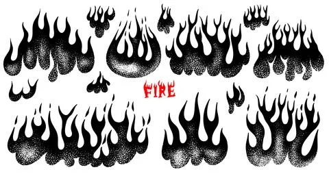 Set of silhouette flame and fire in vintage style. Hand drawn engraved Иллюстрация