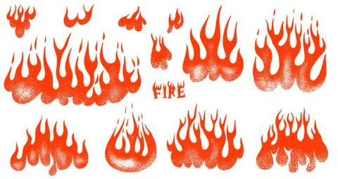 Set of silhouette flame and fire in vintage style. Hand drawn engraved Illustration