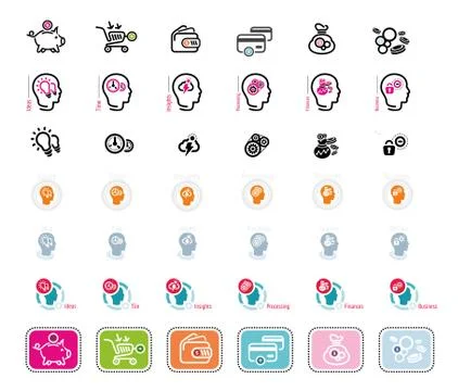 Set of silhouette head, brain, and pulses Stock Illustration