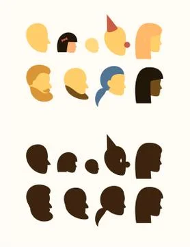Set - silhouette of head - people, withe and black female, male, muslim, beard Stock Illustration