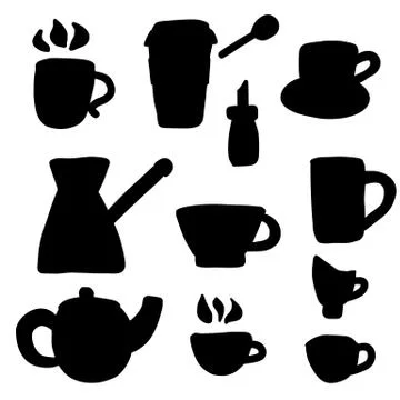 Set of silhouette of hot beverages. Vector mugs of coffee. Stock Illustration