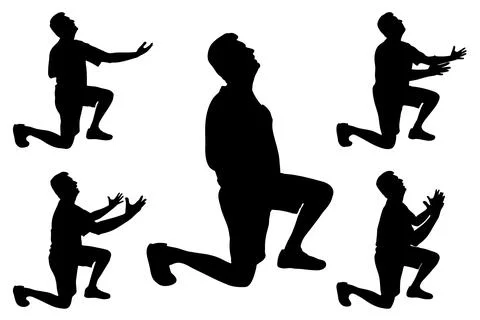 Set of silhouette of  man kneeling, looking up with arms raised, expressing.. Stock Illustration