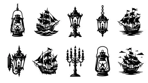 Set of silhouette pirate lanterns and sailing ships graphic assets for vint.. イラスト素材