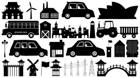 Set of silhouette town element Stock Illustration