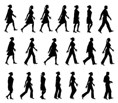 Set with silhouette of walking people isolated on white background. Men and Stock Illustration