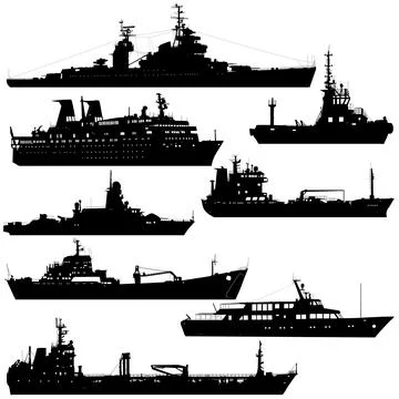 Set silhouette on a white background of a ship military destroyer and a trans Illustrazione stock