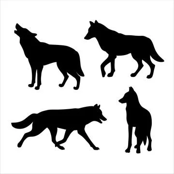 Set of silhouette of wolves. Isolated black flat cartoon silhouette of wolf o Stock Illustration