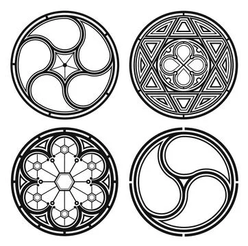 Set of silhouettes of cathedral round gothic windows Stock Illustration