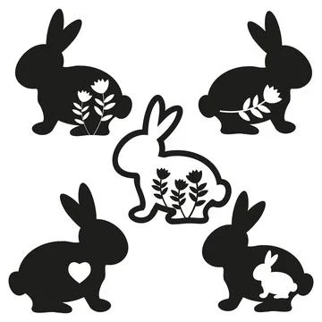 A set of silhouettes of Easter bunnies with a pattern, isolated vector Stock Illustration
