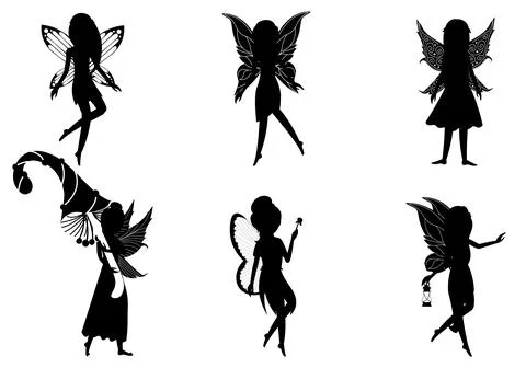 Set of silhouettes of flying fairies in different posses for kids on white Stock Illustration