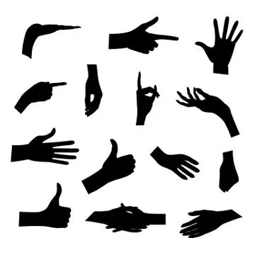 Set of silhouettes of hands in different poses isolated on white background Stock-Illustration