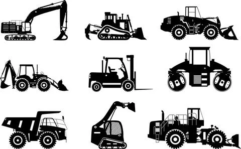 Set of silhouettes heavy construction and mining machines isolated on white Stock Illustration