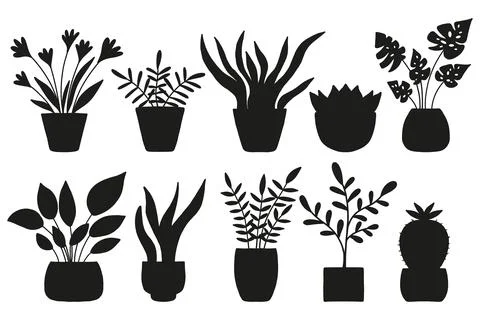 A set of silhouettes of indoor plants.Vector set. Stock Illustration