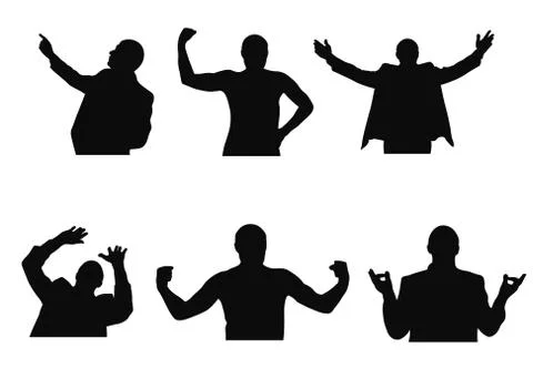 Set of silhouettes of man looking up, meditating, welcoming, having fear and Stock Illustration