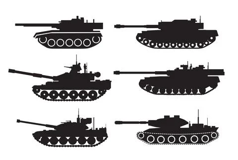 Set of silhouettes of military tanks war clash army conflict for design Stock Illustration