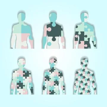 Set of silhouettes of people inside which is puzzle. Stock Illustration