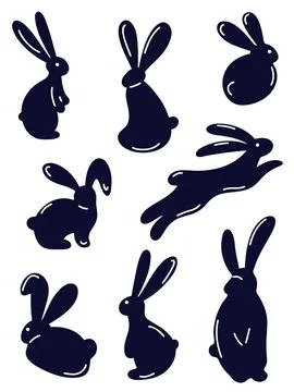 Set of silhouettes of rabbits in motion. Black and white illustration Stock Illustration