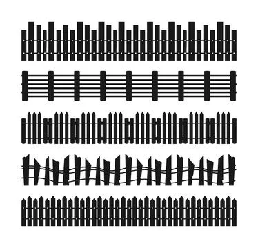 Set of silhouettes representing different styles of wooden fences Illustrazione stock