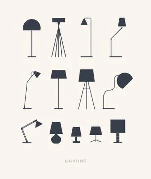 Set of silhouettes of table lamps on a light background. Stock Illustration