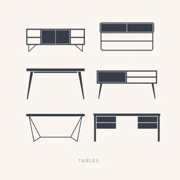 Set of silhouettes of tables on a light background. Stock Illustration