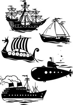 Set of silhouettes of various types of cartoon ships Stock Illustration