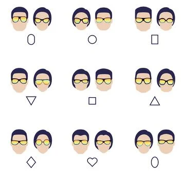 Set of silhouettes of various types of sunglasses. Faces shapes to glasses Stock Illustration