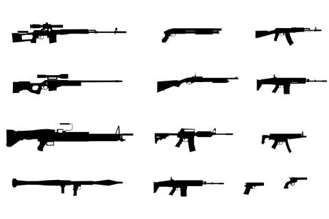 Set with silhouettes of various weapons isolated on white background. Vector Stock Illustration