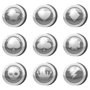 Set of Silver Coins for game apps. Silver icons star, heart, card suits, crown Stock Illustration