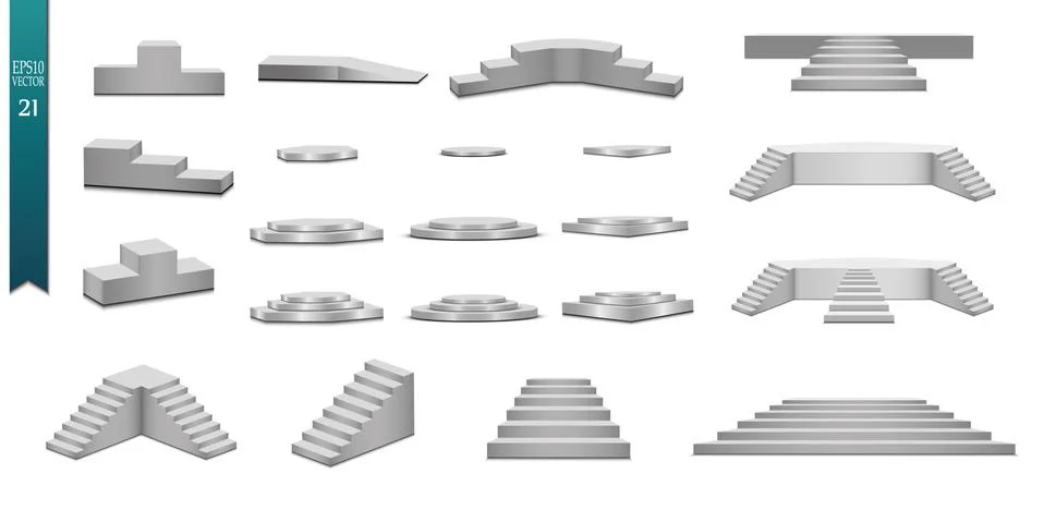 Set of silver podiums, set of different steps of golden color, on white backg Stock Illustration