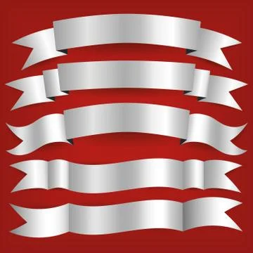 Set of silver ribbons, red background Stock Illustration