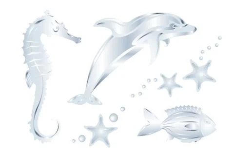 Set of silver sea animals, isolated on white Stock Illustration