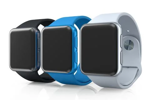 Set of silver smart watches or fitness tracker isolated on white background. Illustrazione stock