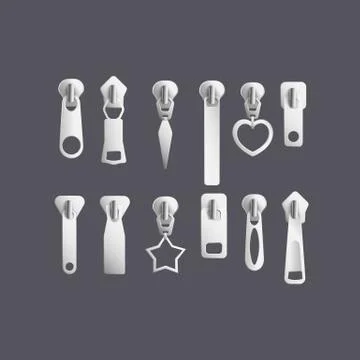 Set of silver zipper pullers or clasps 3d realistic vector illustration isolated Illustrazione stock