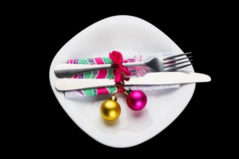 Set of silverware on the white plate Stock Photos